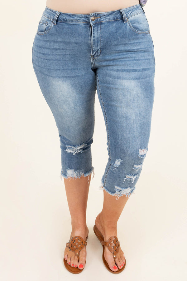 Chic Soul plus size clothing, light wash denim distressed frayed ends capri blue jean shorts					