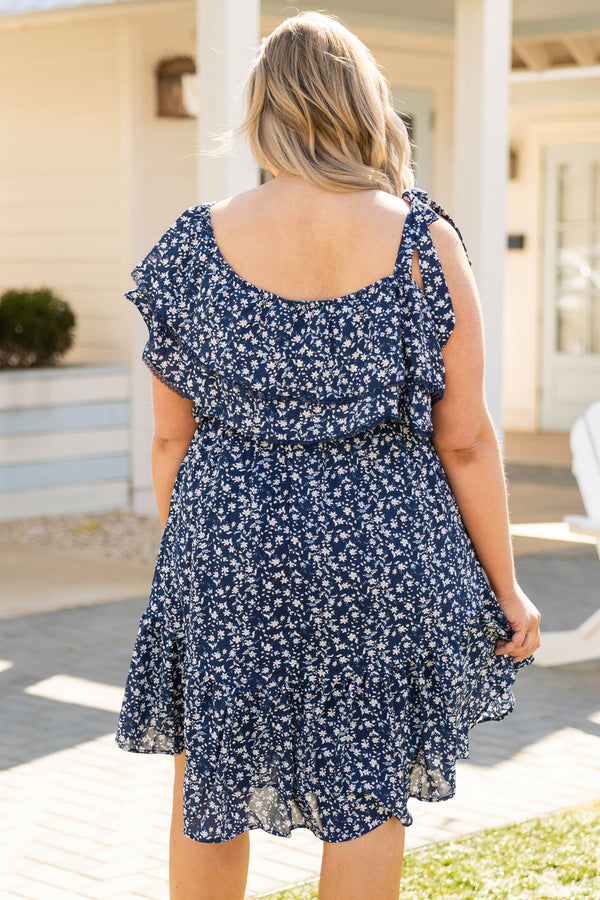 Chic Soul plus size clothing, navy blue one shoulder flutter top flare bottom floral pattern dress with tie strap for bare shoulder