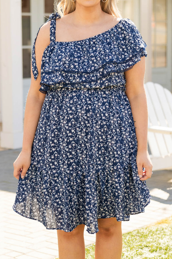 Chic Soul plus size clothing, navy blue one shoulder flutter top flare bottom floral pattern dress with tie strap for bare shoulder