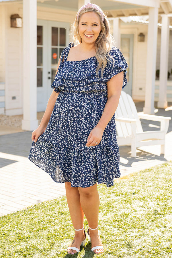Chic Soul plus size clothing, navy blue one shoulder flutter top flare bottom floral pattern dress with tie strap for bare shoulder