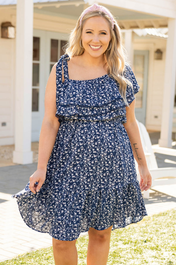Chic Soul plus size clothing, navy blue one shoulder flutter top flare bottom floral pattern dress with tie strap for bare shoulder
