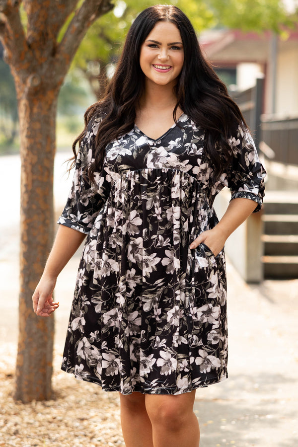 Chic Soul plus size clothing, black floral print half length sleeve babydoll dress with pockets