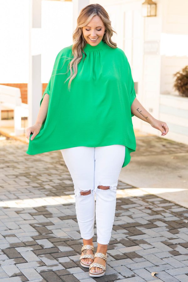 Chic Soul plus size clothing, green blouse with a slight turtle neckline