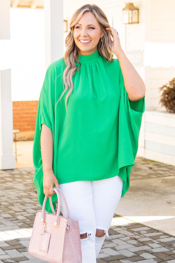 Chic Soul plus size clothing, green blouse with a slight turtle neckline