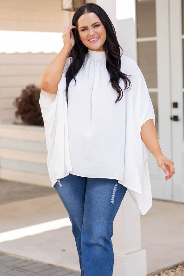 Chic Soul plus size clothing, white flowy top with high neckline