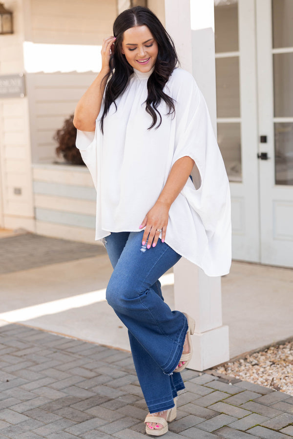 Chic Soul plus size clothing, white flowy top with high neckline