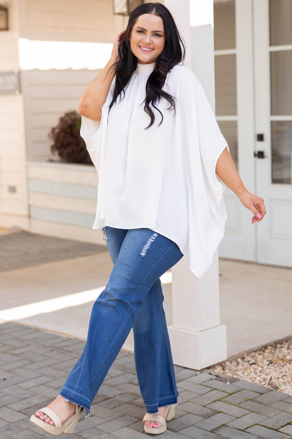 Chic Soul plus size clothing, white flowy top with high neckline