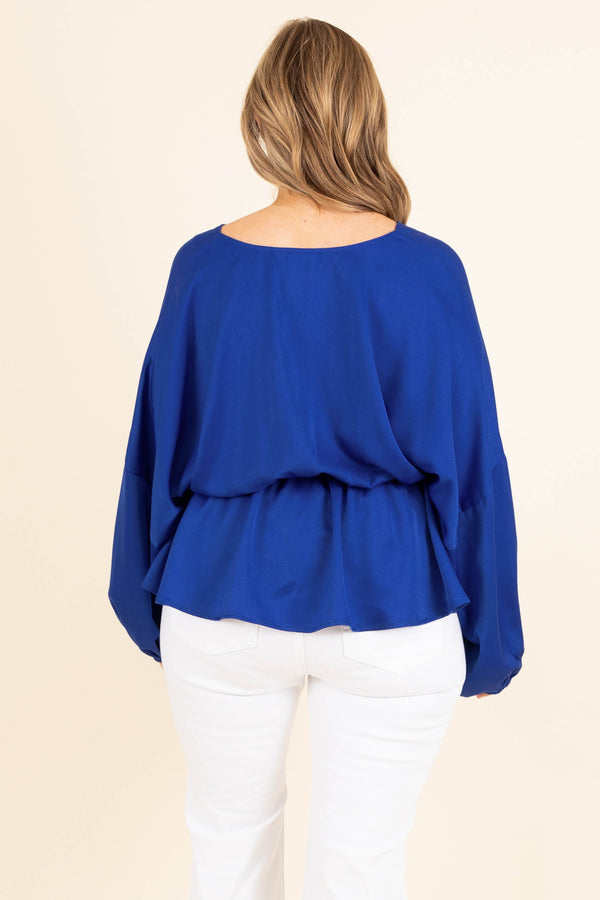 Chic Soul plus size clothing, blue long sleeves top with bubble sleeves and cinched waist