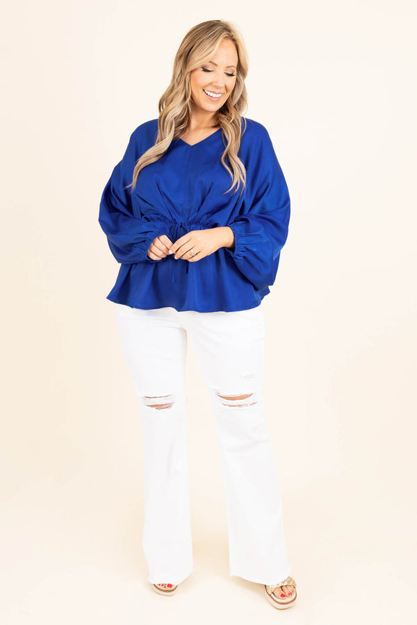 Chic Soul plus size clothing, blue long sleeves top with bubble sleeves and cinched waist