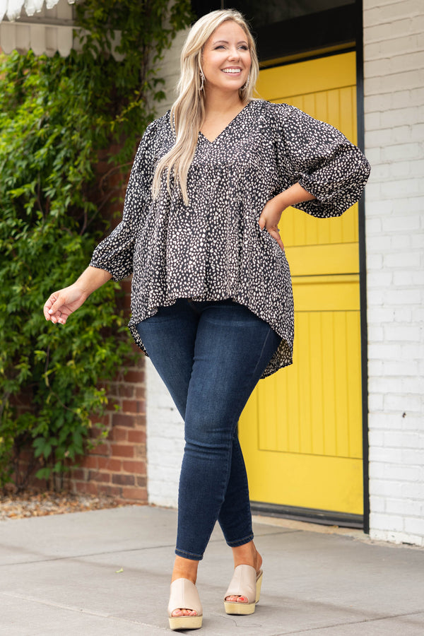 Chic Soul plus size clothing, v neck black and ivory spotted long sleeve top