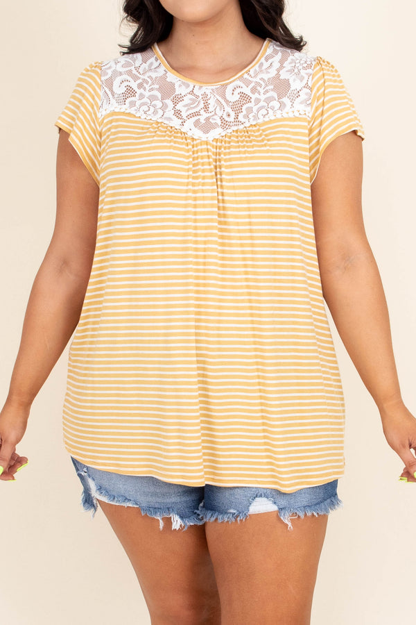 Chic Soul plus size clothing, casual yellow and white striped short sleeve top with lace trim by neckline