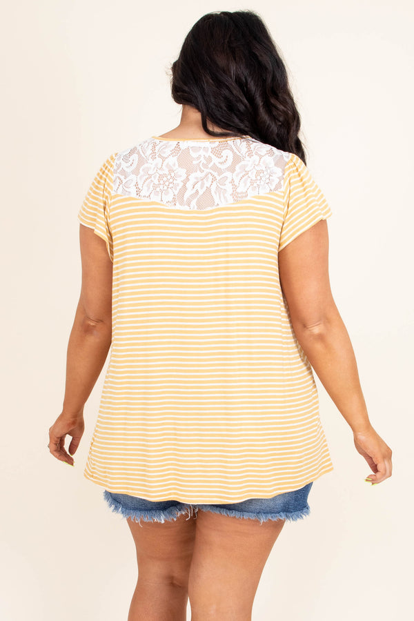 Chic Soul plus size clothing, casual yellow and white striped short sleeve top with lace trim by neckline
