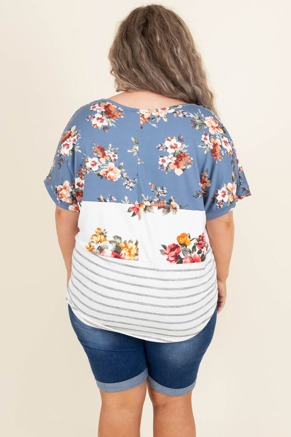 Chic Soul plus size clothing, blue colorblock floral with stripes short sleeve casual babydoll top
