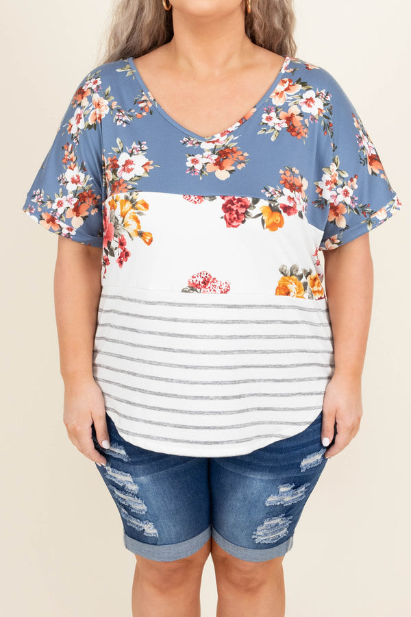 Chic Soul plus size clothing, blue colorblock floral with stripes short sleeve casual babydoll top