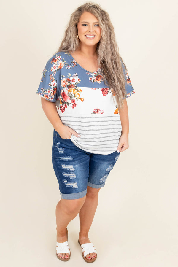Chic Soul plus size clothing, blue colorblock floral with stripes short sleeve casual babydoll top