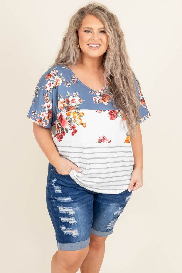 Chic Soul plus size clothing, blue colorblock floral with stripes short sleeve casual babydoll top