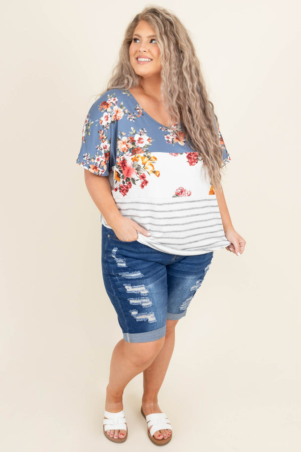Chic Soul plus size clothing, blue colorblock floral with stripes short sleeve casual babydoll top