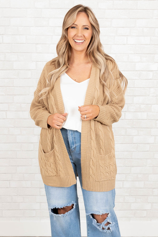Chic Soul plus size clothing, brown knitted design cardigan with pockets