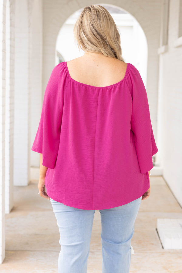 Chic Soul plus size clothing, fuchsia pink solid three quarter length sleeve top 