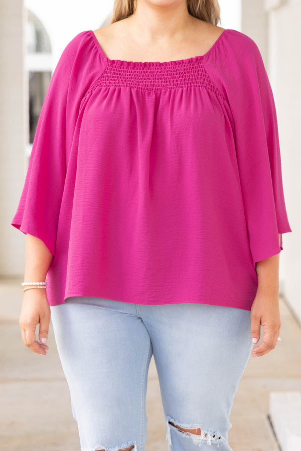 Chic Soul plus size clothing, fuchsia pink solid three quarter length sleeve top 