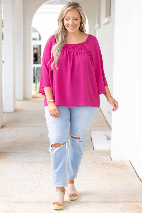 Chic Soul plus size clothing, fuchsia pink solid three quarter length sleeve top 