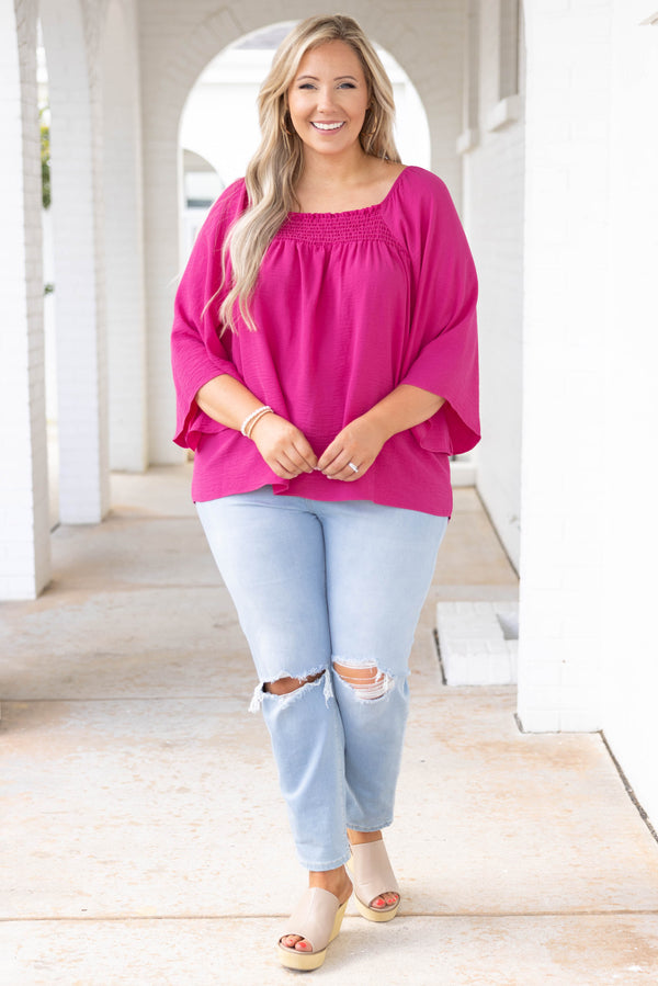 Chic Soul plus size clothing, fuchsia pink solid three quarter length sleeve top 