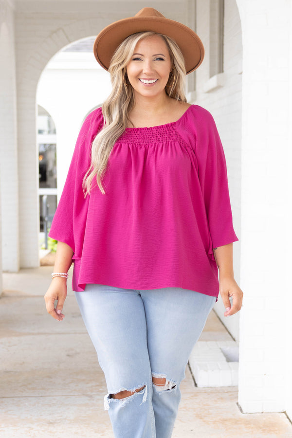 Chic Soul plus size clothing, fuchsia pink solid three quarter length sleeve top 