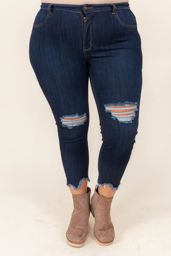 Chic Soul plus size clothing, dark wash skinny jeans with distressed detail on knees