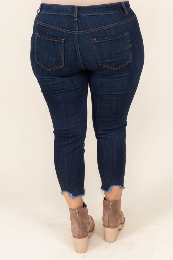 Chic Soul plus size clothing, dark wash skinny jeans with distressed detail on knees