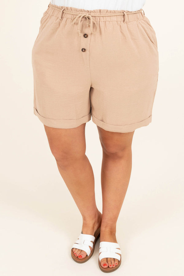 Chic Soul plus size clothing, khaki solid elastic tie waist with button detailing casual shorts