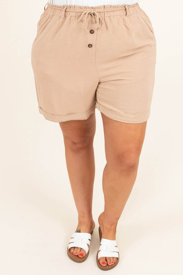 Chic Soul plus size clothing, khaki solid elastic tie waist with button detailing casual shorts