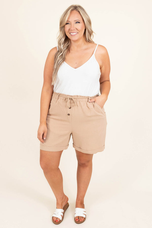 Chic Soul plus size clothing, khaki solid elastic tie waist with button detailing casual shorts