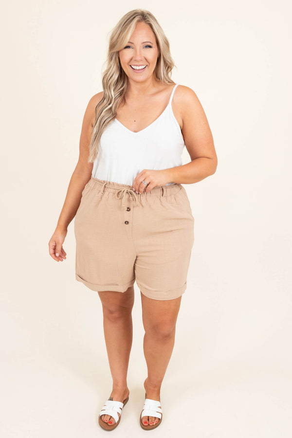 Chic Soul plus size clothing, khaki solid elastic tie waist with button detailing casual shorts