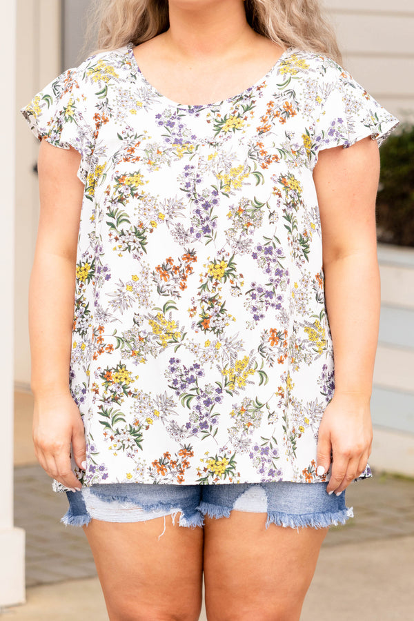 Chic Soul plus size clothing, off white multi color floral short flutter sleeve top