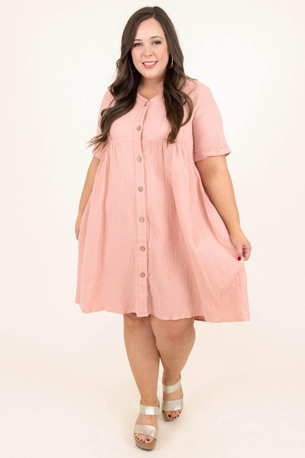 Chic Soul plus size clothing, rose pink baby doll casual dress button down short sleeves v neck
