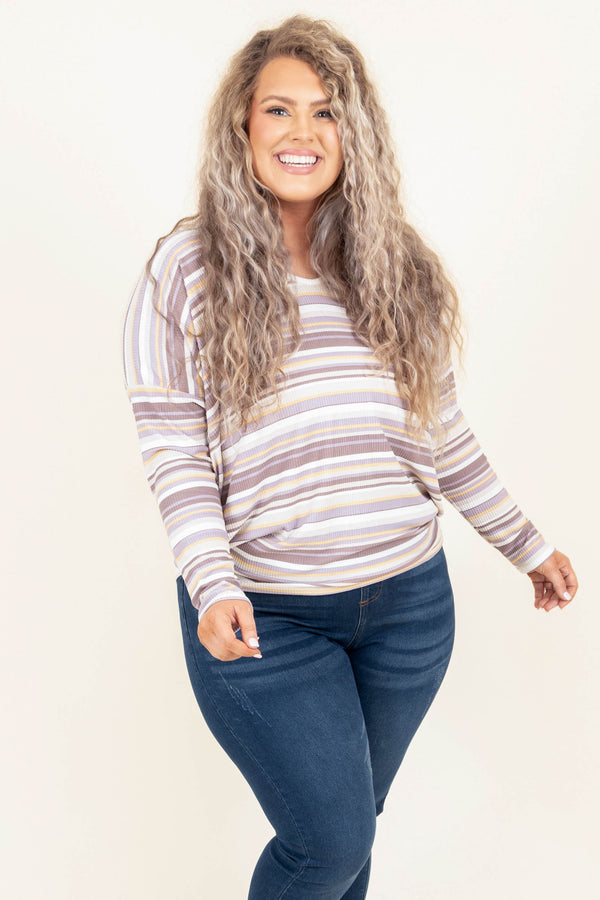 Chic Soul plus size clothing, taro multi stripped long sleeve casual top