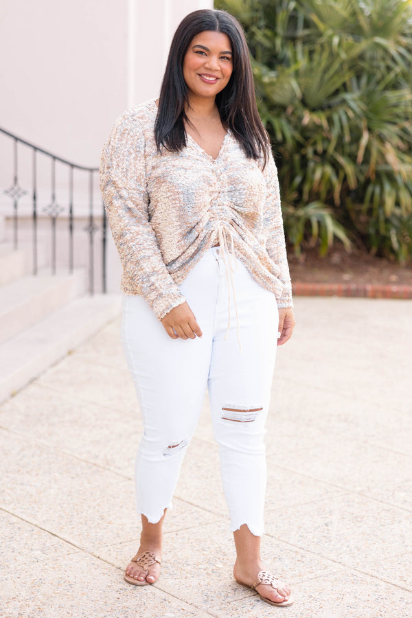 Chic Soul plus size clothing, cream and taupe sweater with ruched tie strings
