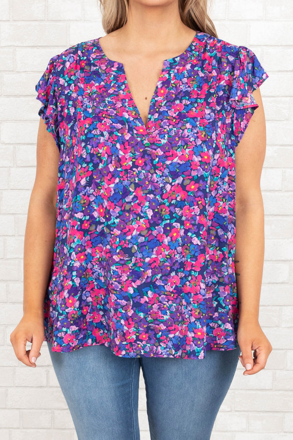 Chic Soul plus size clothing, multicolor floral top with flutter sleeves
