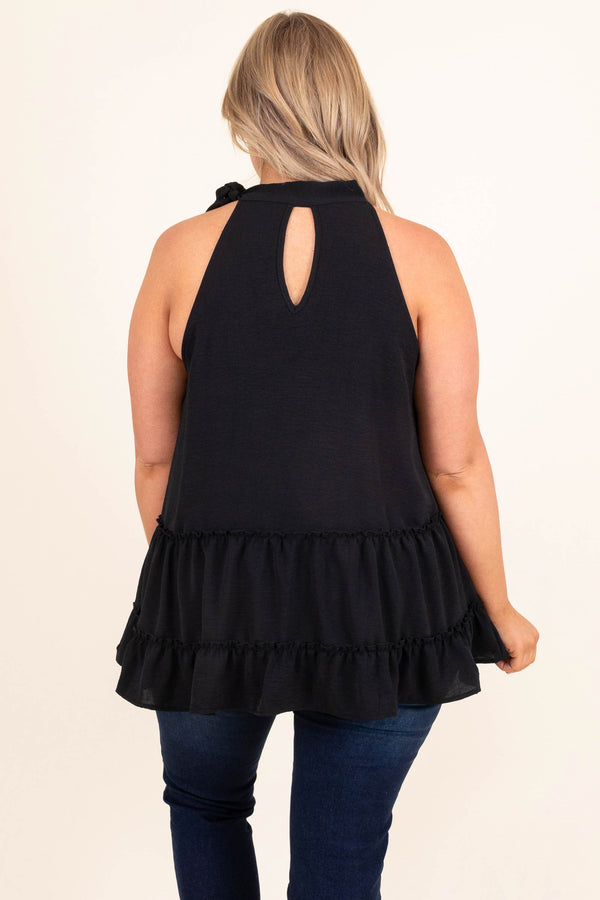 Chic Soul plus size clothing, black solid halter sleeve tank babydoll top