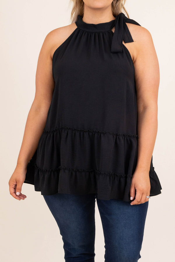 Chic Soul plus size clothing, black solid halter sleeve tank babydoll top