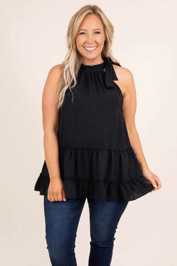 Chic Soul plus size clothing, black solid halter sleeve tank babydoll top