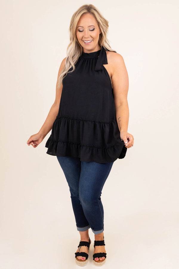 Chic Soul plus size clothing, black solid halter sleeve tank babydoll top