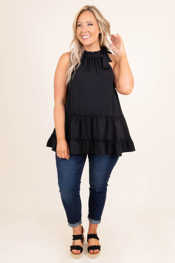 Chic Soul plus size clothing, black solid halter sleeve tank babydoll top