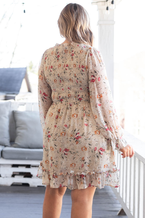 Chic Soul plus size clothing, ivory smocked bodice dress with multicolor floral pattern and ruffle hemline and sleeves