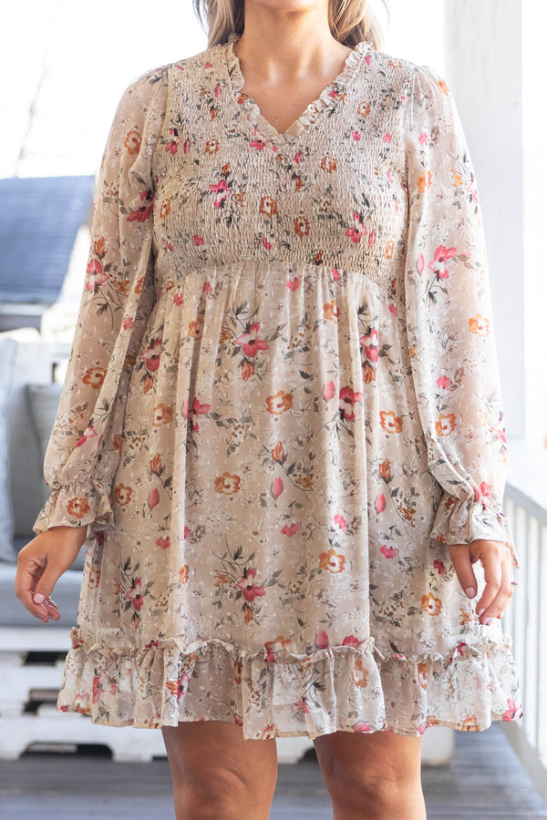 Chic Soul plus size clothing, ivory smocked bodice dress with multicolor floral pattern and ruffle hemline and sleeves