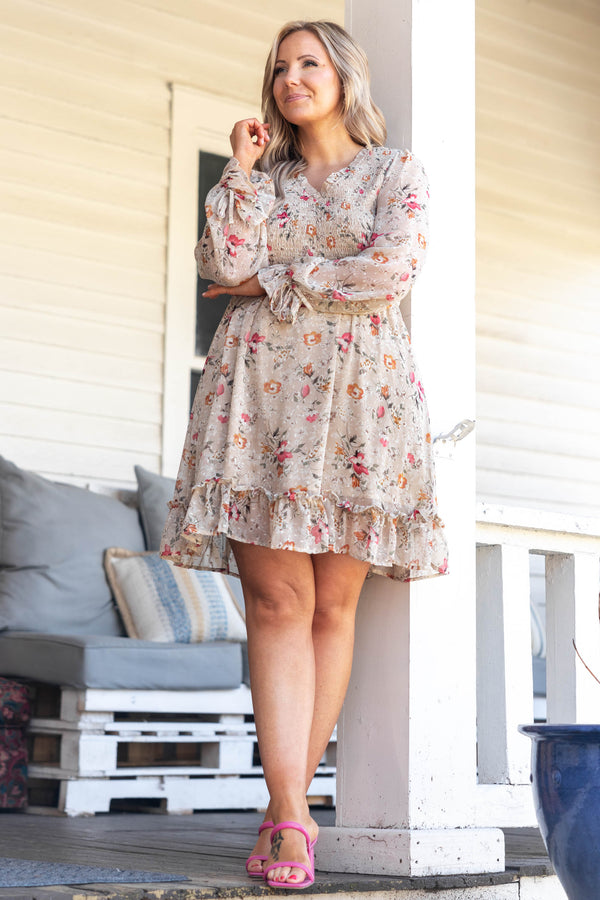 Chic Soul plus size clothing, ivory smocked bodice dress with multicolor floral pattern and ruffle hemline and sleeves