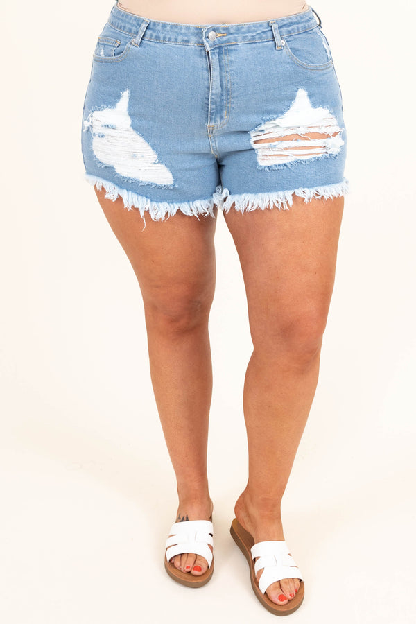 Chic Soul plus size clothing, high waisted light wash distressed jean shorts
