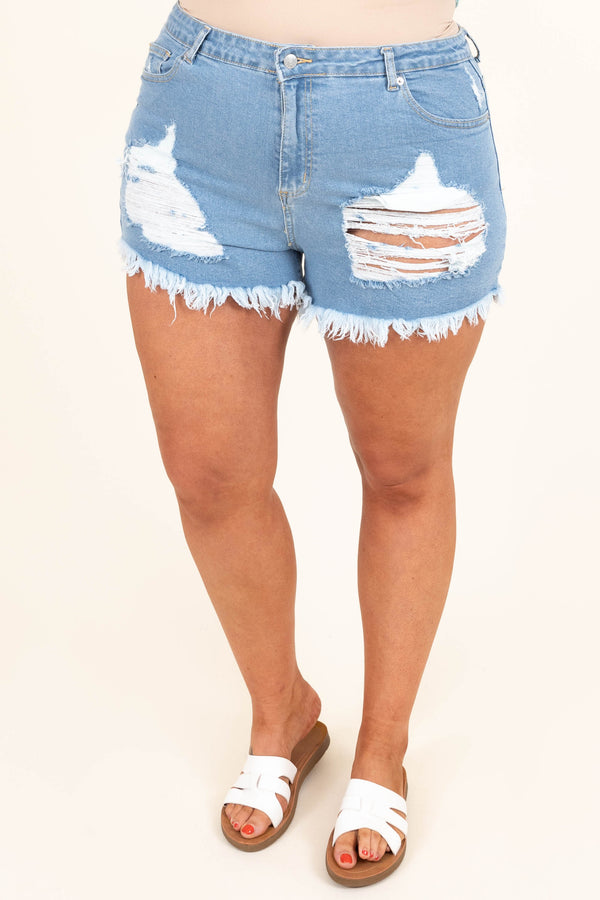 Chic Soul plus size clothing, high waisted light wash distressed jean shorts