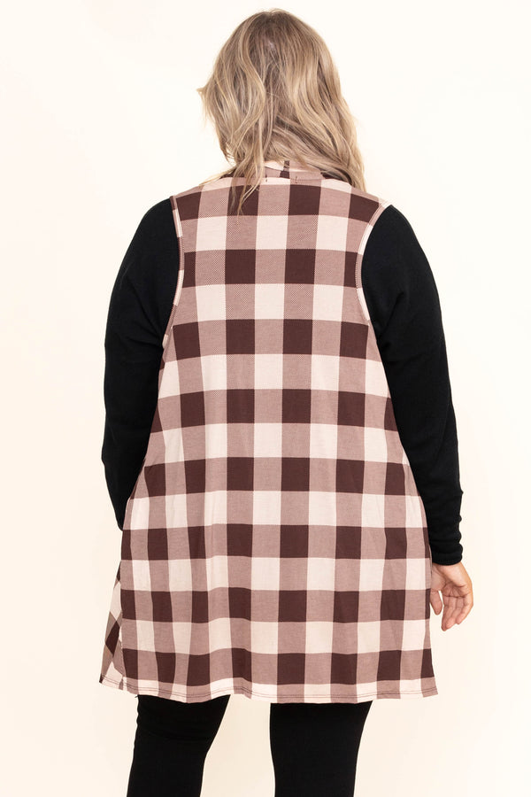 Chic Soul plus size clothing, plaid mocha brown and white sleeveless vest