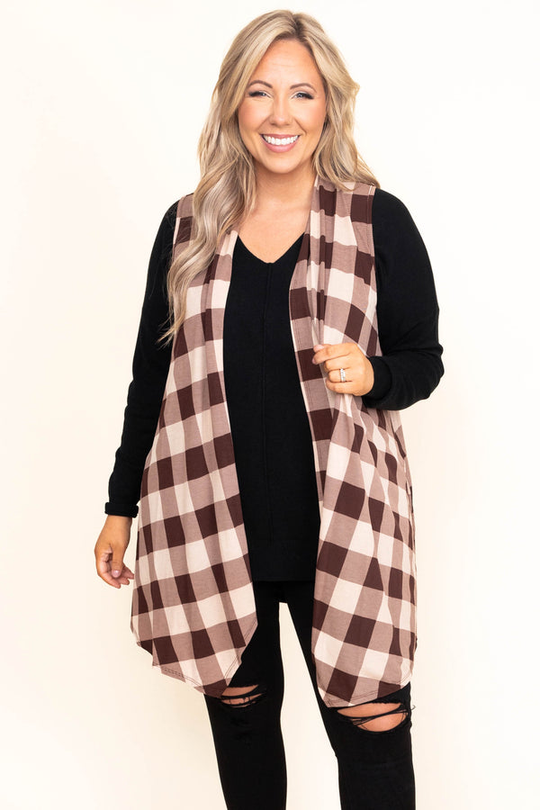 Chic Soul plus size clothing, plaid mocha brown and white sleeveless vest